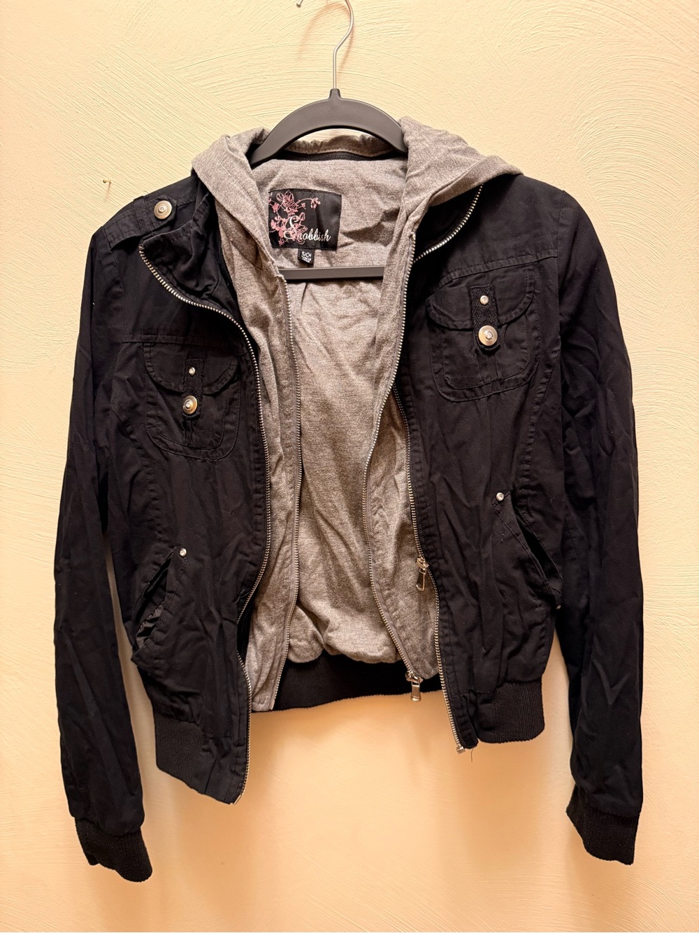 Black & Gray Hooded Bomber Jacket - No Brand
